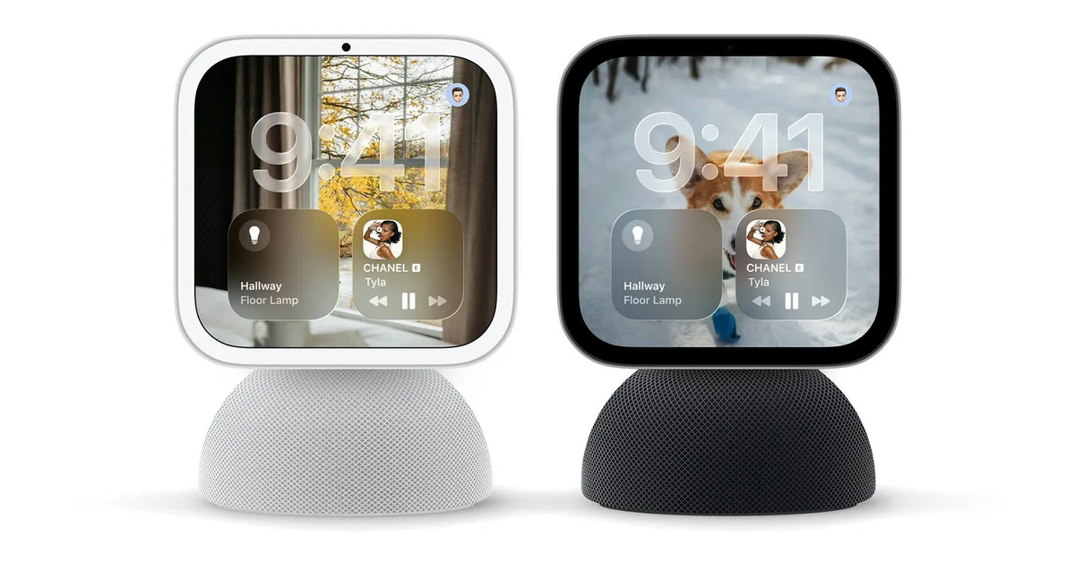Concept illustrativo Apple HomeView: due hub smart home con display e base altoparlante