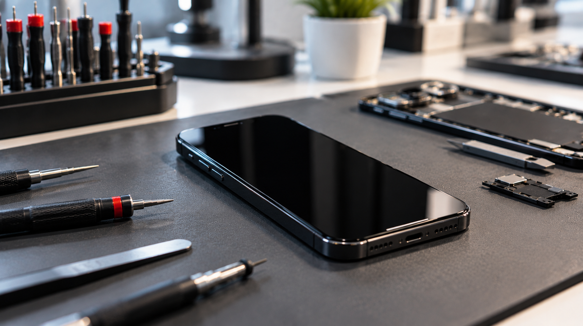 Smartphone con schermo nero sul banco tecnico di riparazione