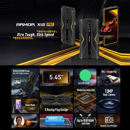 Ulefone Armor X12 Pro, telefono robusto IP68/IP69K, Android 13 MediaTek Helio G36 Octa Core da 5,45 pollici, rete: 4G, NFC, 4GB+64GB