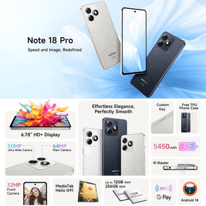 Ulefone Note 18 Pro, 6 GB + 256 GB, Face ID e impronta digitale laterale, 6,78 pollici Android 14 MediaTek Helio G91 MTK6769 Octa Core, rete: 4G, doppia SIM, OTG, NFC